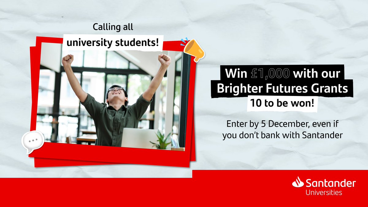 Cardiff Met Research & Innovation Services (@cardiffmetris) on Twitter photo The Brighter Futures Grants are back! Exclusively for <a href="/cardiffmet/">Cardiff Metropolitan University</a> students. You could win ยฃ1000! Spend the money on study resources or anything else you need. Enter by Dec 5th 2024 for your chance to win.
tinyurl.com/yrtd79n7
#SantanderBrighterFutures The Brighter Futures Grants are back! Exclusively for <a href="/cardiffmet/">Cardiff Metropolitan University</a> students. You could win ยฃ1000! Spend the money on study resources or anything else you need. Enter by Dec 5th 2024 for your chance to win.
tinyurl.com/yrtd79n7
#SantanderBrighterFutures