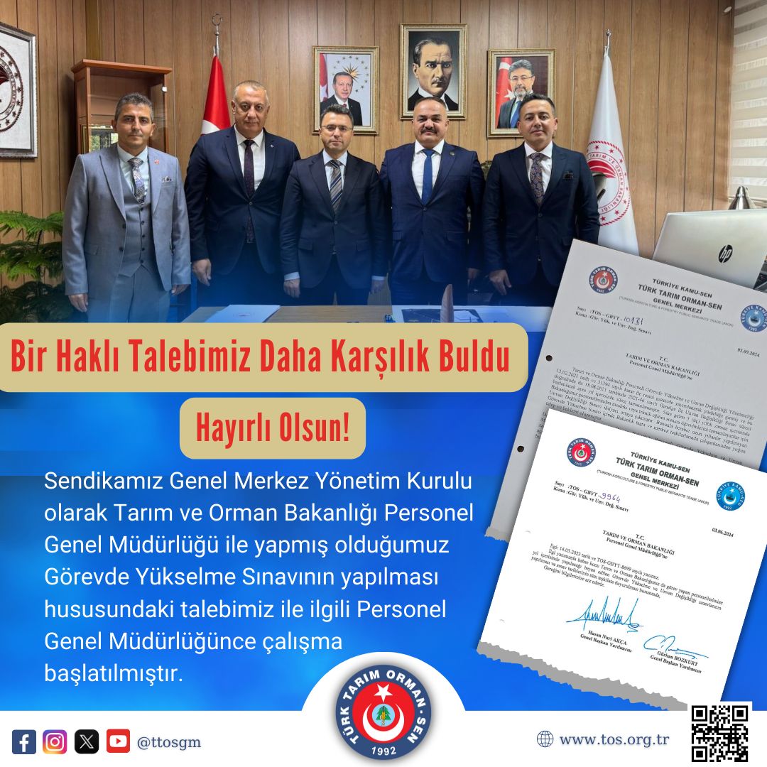 Sendikamız Genel Merkez Yönetim Kurulu olarak Tarım ve Orman Bakanlığı Personel Genel Müdürlüğü ile yapmış olduğumuz görüşmelerde yazılı ve sözlü olarak talep ettiğimiz “Görevde Yükselme Sınavının” yapılmasına yönelik olarak Personel Genel Müdürlüğünce çalışma başlatılmıştır.