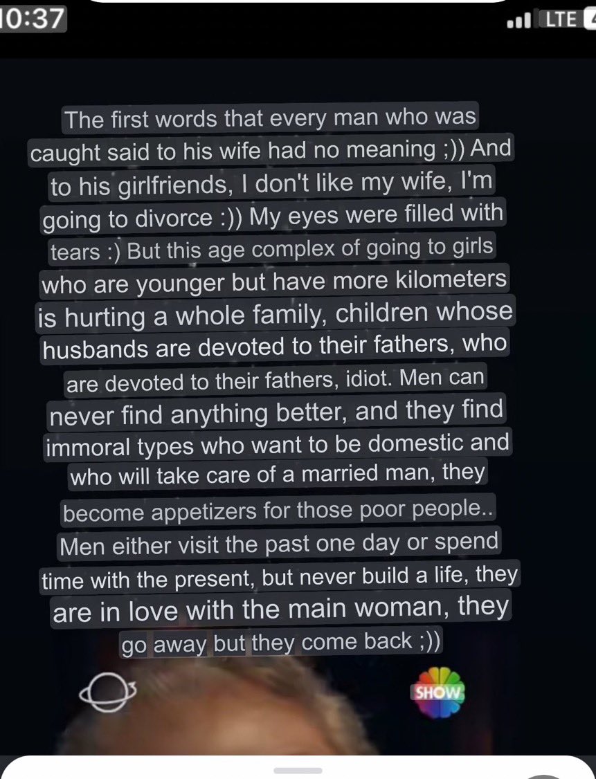 OMG this is the funniest conversation in history, let's go over her victims' playbook. First and foremost Fuck you and your stupid attempt to play the victim!! Now, this regard for the "alleged husband" is OK; there is no need to explain your material situation. Cenk Silent is