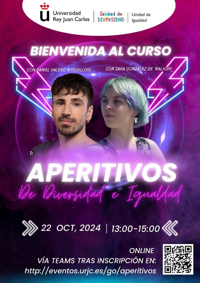 Unidad de Diversidad de la URJC (@diversidad_urjc) on Twitter photo ¡Aperitivos🍸 de Igualdad ⚧️ 🟰 y Diversidad🏳️⚧️ 🏳️🌈🟤🟡!
22 de octubre en horario de 13 a 15 h por Teams📹 👉:buff.ly/4eKMuuh
Contaremos con <a href="/TigrilloTW/">Daniel Valero 🏳️🌈</a> y Sara González de @Alkuir_ para charlar de la importancia de visibilizar las realidades LGTBI en la uni. ¡Aperitivos🍸 de Igualdad ⚧️ 🟰 y Diversidad🏳️⚧️ 🏳️🌈🟤🟡!
22 de octubre en horario de 13 a 15 h por Teams📹 👉:buff.ly/4eKMuuh
Contaremos con <a href="/TigrilloTW/">Daniel Valero 🏳️🌈</a> y Sara González de @Alkuir_ para charlar de la importancia de visibilizar las realidades LGTBI en la uni.