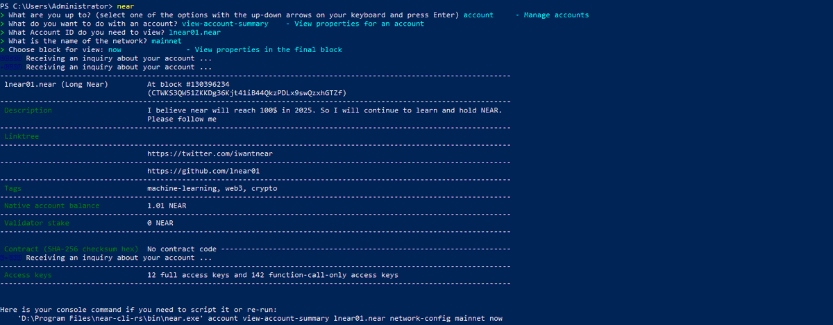 llnear01's tweet photo. NEAR CLI is super easy to use! 📷 Huge kudos to @NEARDevHub for building such a great tool and to @LearnNear for making it accessible to normies! 📷 https://t.co/mFWqzbDucz