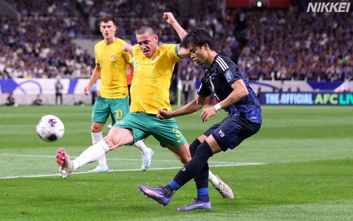nikkeiphoto's tweet photo. ⚽W杯アジア最終予選
前半　🇯🇵0－0🇦🇺　

サッカーＷ杯北中米大会アジア最終予選。
#サッカー日本代表 はオーストラリアを相手に0-0で前半を終えました＝石井理恵、杉浦瑛俊撮影
