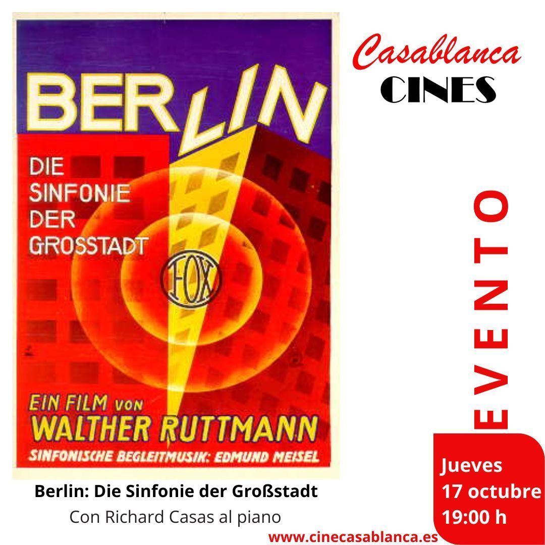 Este jueves a las 19:00 h proyectamos BERLIN SINFONÍA DE UNA CIUDAD, con RICARDO CASAS al piano acompañando la proyección. 
Contenido premium: Cortometraje de Arturo Dueñas Run,Run,Run. 

Entradas cutt.ly/1eANHYX7  

#Eventodecine #Valladolid #CinesCasablancaValladolid