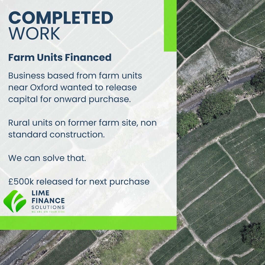 Love to see something a little different. Our client owned a number of former farm units their business traded from.

Our client wanted to release £500k from these units for an onward purchase.

Former farm units, rural location, different types of build, different uses, EPC exem