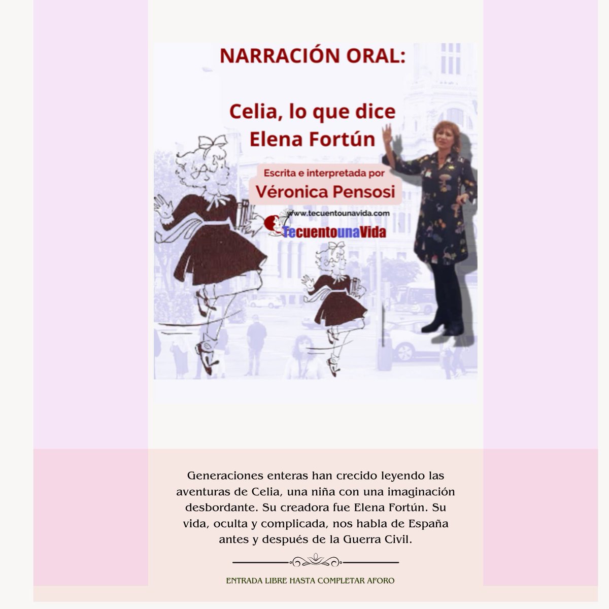 📷Martes, 15 de octubre a las 18:00 horas📷
Con motivo del #DíadelasEscritoras tendremos con nosotros a la narradora Verónica Pensosi con “Celia, lo dice Elena”.
(Entrada libre hasta completar aforo)