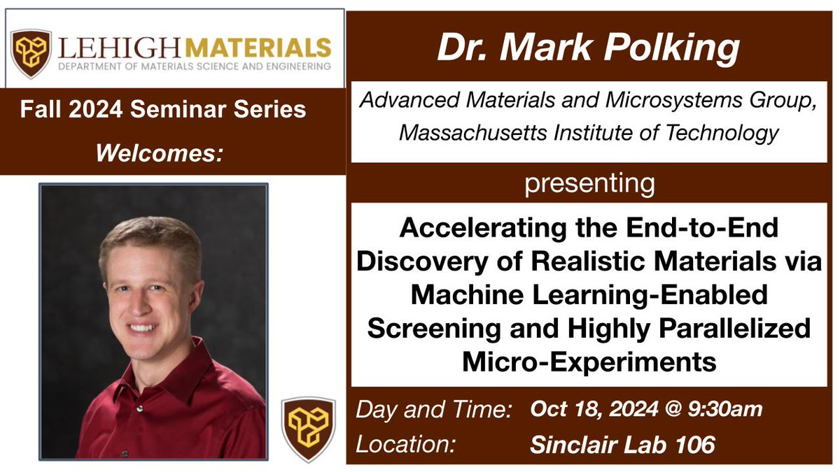 This week, the MSE Dept. will host Dr. Mark Polking from the Massachusetts Institute of Technology on Friday, 10/18 at 9:30am in Sinclair Lab 106. This event is open to the public, so feel free to join us on Friday morning!