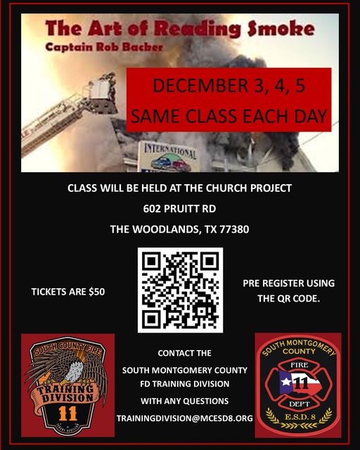 #SMCFD Training Division is hosting The Art of Reading Smoke class on Dec 3, 4, &amp; 5!

Tickets are just $50—make sure to pre-register using the QR code! For questions, reach out to trainingdivision@mcesd8.org.

Don't miss out on this essential training! #FirefighterTraining