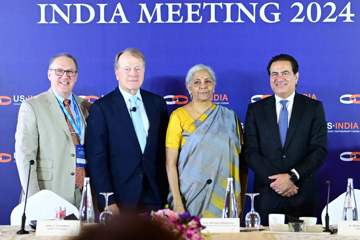 USISPForum's tweet photo. The Hon. Union Minister for Finance and Corporate Affairs Smt. @nsitharaman interacted with USISPF Board Members in New Delhi. 

As India continues to be the fastest growing major economy, the goal continues to be to build on the ease of doing business environment, attracting more investments from the U.S., investing in skilling for the youth of the country to be future ready for the jobs of tomorrow. 

The Finance Minister touched on India’s demographic dividend and growing investments across insurance, housing, clean energy, critical minerals, and the rapid rise of the Indian unicorn and startups in the country. 

Our member companies were grateful to the initiatives taken by the Government of India to make India a favorable destination for overseas investors.