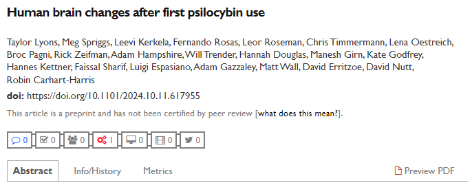 NTFabiano's tweet photo. These findings are from a study in @biorxivpreprint which investigated the effects of psilocybin in healthy human adults with no prior psychedelic experience. https://t.co/v9uf6MYjgo 2/12 https://t.co/aV5KW2o2IS
