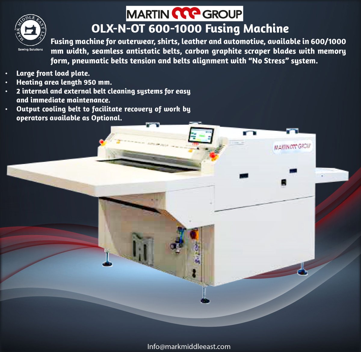 MARKE2002's tweet image. The OLX-N-OT 600-1000 Fusing Machine is perfect for outerwear, shirts, leather, and automotive applications. 
markmiddleeast.ae/product/martin…
#FusingMachine #GarmentManufacturing #IndustrialMachinery #TextileProduction #SeamlessBelts #EfficientTech #PneumaticControl #LeatherProcessing