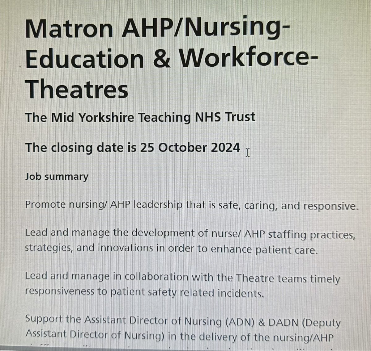 8a Matron for AHP/Nursing-Education &amp; Workforce- Theatres. RefC9377-SURG3333.
The advert is live.
Come and join a trust that has an emerging theatre l’ship team, passionate about safety and quality and ensures the patient is at the centre of e’thing we do. Please drop me a line.