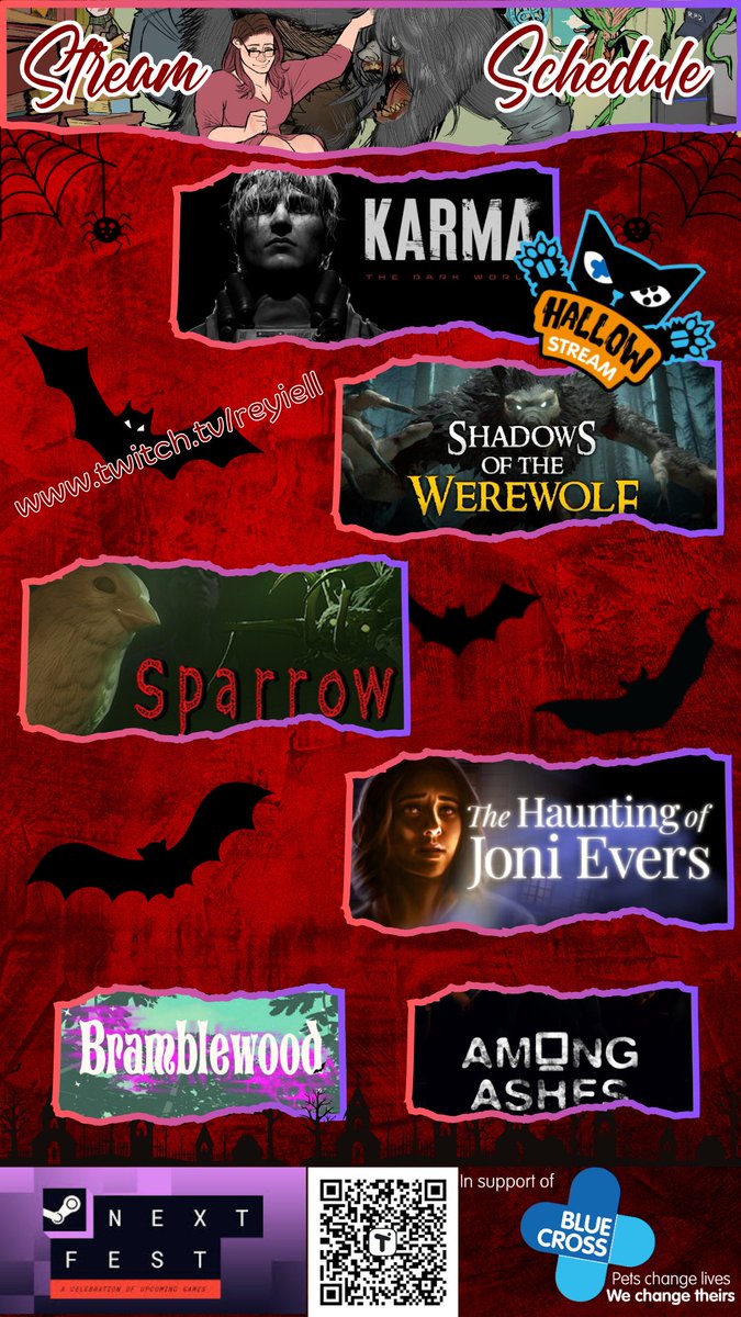 1st wave of demos for #SteamNextFest with more to come 🥰. I am trying to keep it spooky for the <a href="/BX_StreamTeam/">Blue Cross Stream Team</a> campaign! 

<a href="/KarmaDarkWorld/">Karma: The Dark World</a> <a href="/ReglStudios/">Regl Studios | Shadows of the Werewolf</a> <a href="/CausewayGames/">Causeway Studios | The Haunting of Joni Evers</a> <a href="/PhantomLakeGms/">Phantom Lake Games</a>
<a href="/OneTrueGamedev/">Daniel Ferrer 👻 Among Ashes is OUT NOW!!</a>
<a href="/OctopusGilded/">Gilded Octopus</a>

#steamfest #indiegames #hallowstream #horrorgame