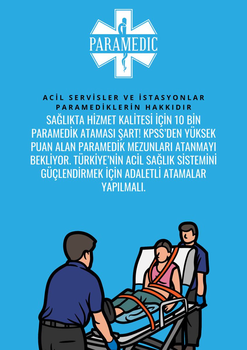 Sayın <a href="/drmemisoglu/">Prof. Dr. Kemal Memişoğlu</a> Sağlık sistemimizin bel kemiği olan paramediklerin ataması için sabırsızlıkla bekliyoruz! Herkesin ihtiyaç duyduğu acil sağlık hizmetleri için nitelikli personel gereksinimi her zamankinden daha önemli. 
Sağlıkçı Birliği
Paramedik
#MemişoğluAcilAtama