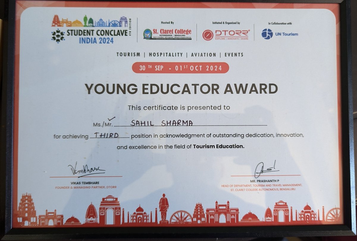 sahil_95_'s tweet photo. 🚀📊🌍 Transforming Tourism Education with Data Science &amp; Analytics!

Thrilled to win "Young Educator Award" at #StudentConclaveIndia2024! 🏆🎓

Grateful to @DTORR10, UN Tourism, St. Claret College &amp; Vikas Tembhare for this award. https://t.co/Kh98JNVzyn