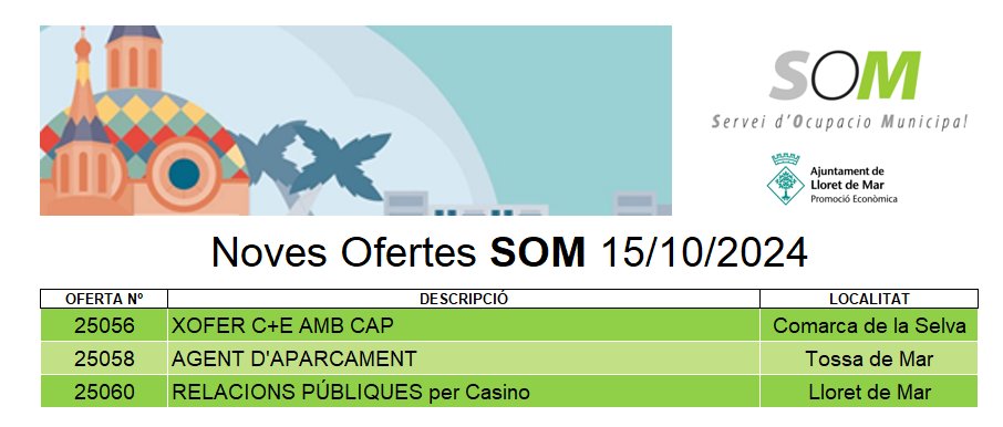 Consulta les ÚLTIMES OFERTES de FEINA del SOM. Inscriu-te a totes les ofertes a través de la nostra web ‼️
👉somlloret.cat