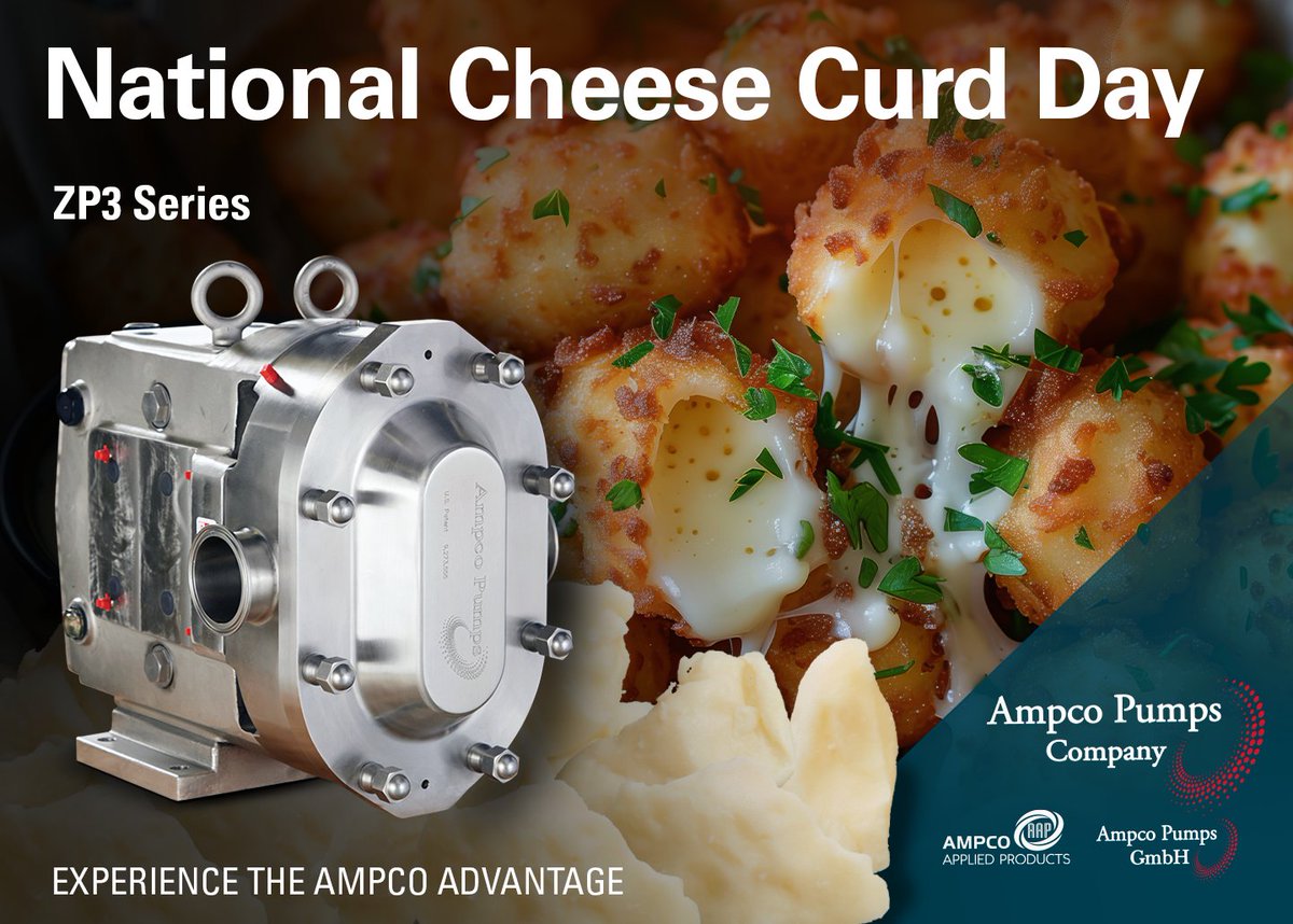 AmpcoPumps's tweet image. Happy #NationalCheeseCurdDay!

#AmpcoPumps proudly supports the #CheeseMakingProcess through quality products, quick deliveries and superior #CustomerService.

The #AmpcoZP3Series #CircumferentialPistonPump is a favorite in #CheeseProduction.

Learn more: ampcopumps.com/zp3-series/
