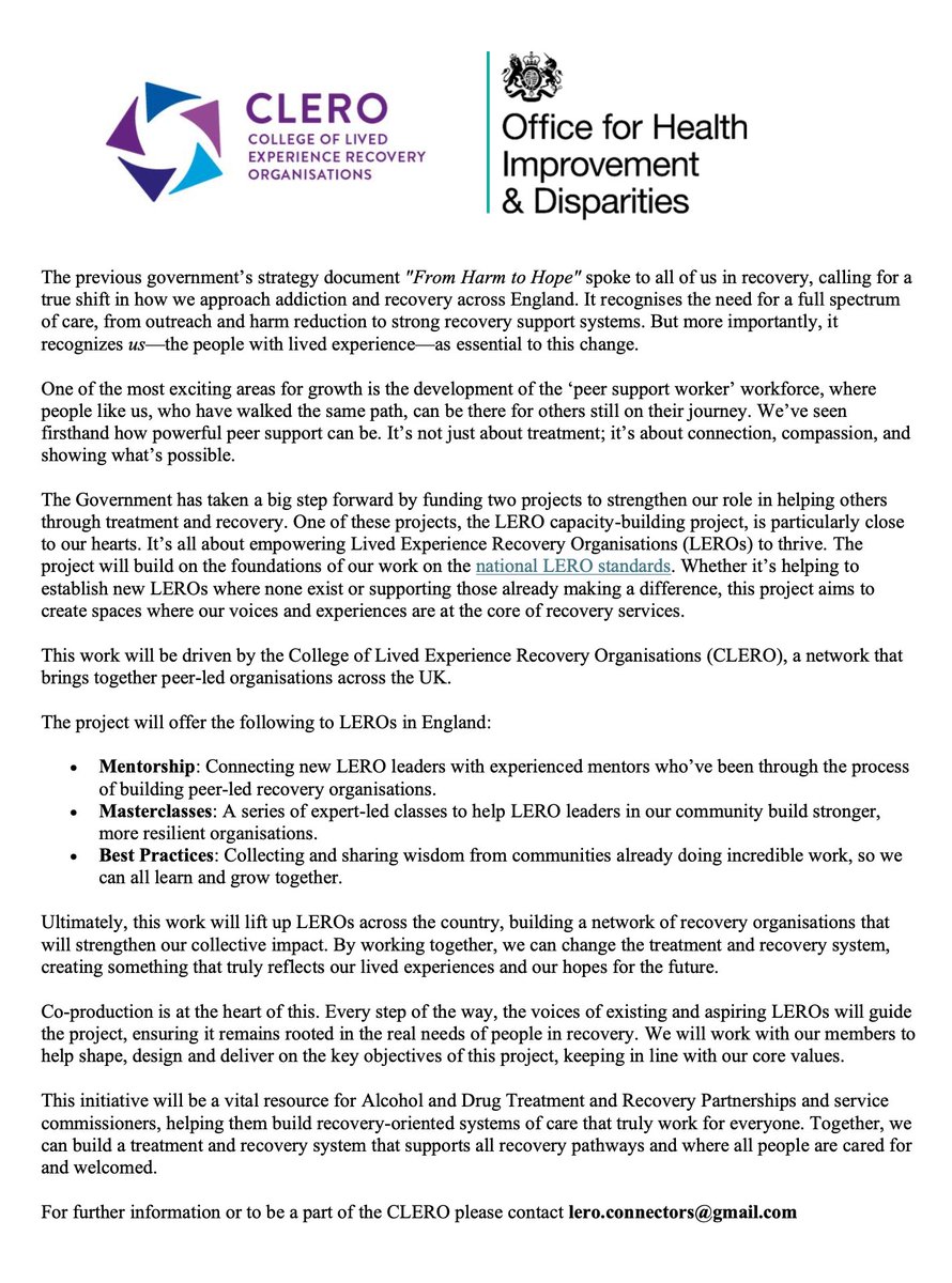 College of Lived Experience Recovery Organisations (@collegeofleros) on Twitter photo We are happy to announce that CLERO was successful in winning the LERO Capacity Building Bid from <a href="/OHID/">Office for Health Improvement and Disparities</a>. The aim is to ensure that emerging LEROs are supported to develop their own models which correlate to the needs of local communities. Press release attached below: We are happy to announce that CLERO was successful in winning the LERO Capacity Building Bid from <a href="/OHID/">Office for Health Improvement and Disparities</a>. The aim is to ensure that emerging LEROs are supported to develop their own models which correlate to the needs of local communities. Press release attached below: