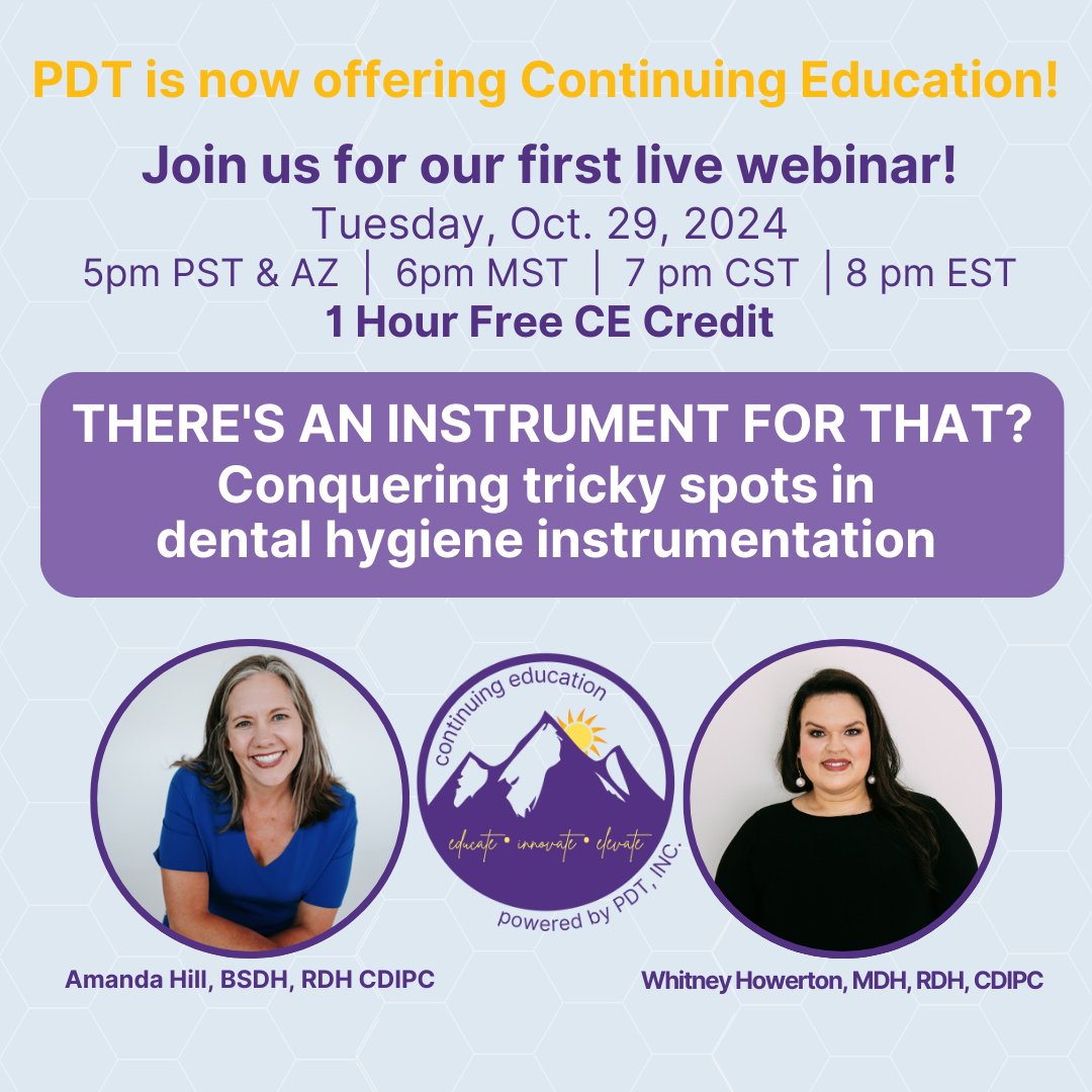 Join Amanda Hill and Whitney Howerton Tuesday, October 29th for our first Continuing Education live webinar! Make sure to register with the link in our Linktree!💜💛

#rdh #pdtdental #continuingeducation #pdt #dentist #hygiene