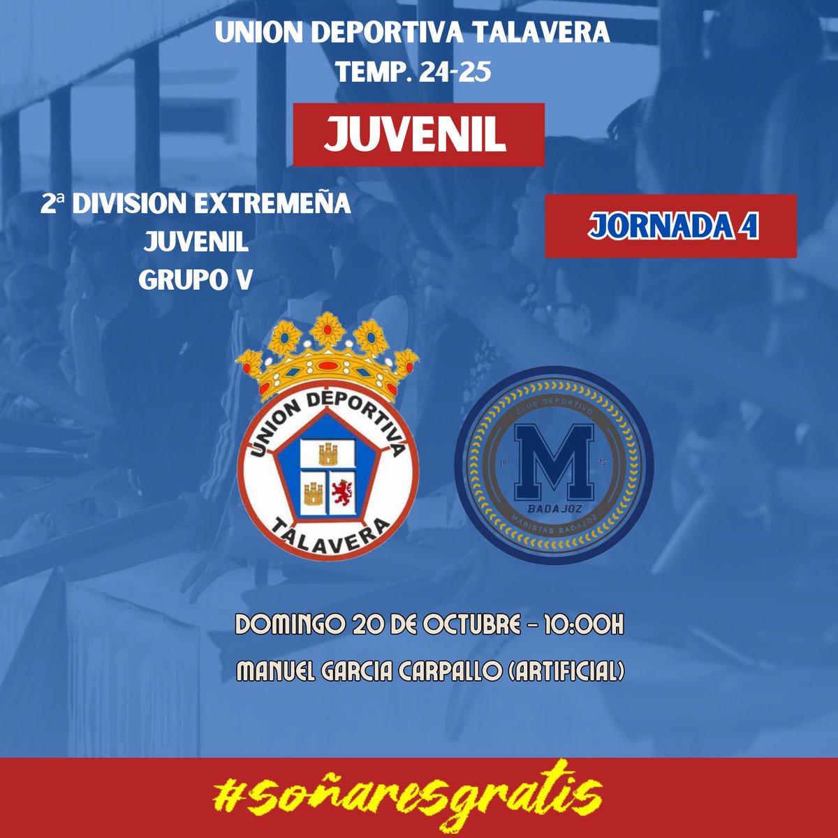 🔴 𝐏𝐀𝐑𝐓𝐈𝐃𝐎𝐒 𝐅𝐈𝐍 𝐃𝐄 𝐒𝐄𝐌𝐀𝐍𝐀 🔵

⚽️𝑺𝑬𝑵𝑰𝑶𝑹⚽️

🗣️  JOR 5
🆚 <a href="/CDValdelacalzad/">CD VALDELACALZADA</a> 
📅 DOM 20/10
🕛 12:00h
🏟️ Manuel Garcia Carpallo

⚽️𝑱𝑼𝑽𝑬𝑵𝑰𝑳⚽️

🗣️  JOR 4
🆚 <a href="/cdmaristasbad/">C.D.Maristas Badajoz</a> 
📅 DOM 20/10
🕛 10:00h
🏟️ Manuel Garcia Carpallo

#vamosrojos🔴🔵 
#soñaresgratis