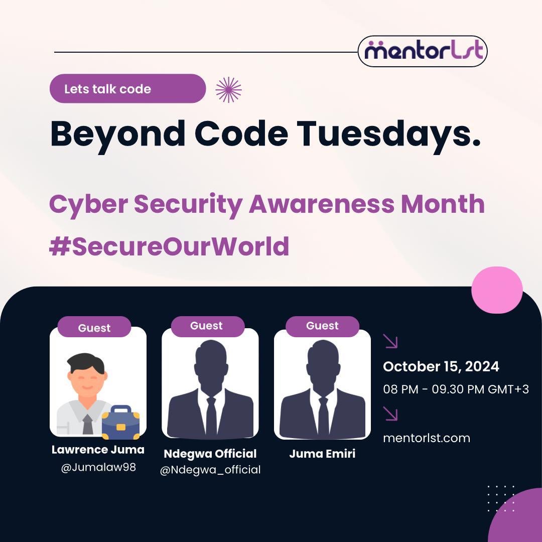 jumalaw98's tweet photo. Heads up! 
It's #CybersecurityAwarenessMonth and we've got a special BeyondCode session tonight  

Join us as @jumalaw98 @ndegwa_official and @Emireagan1 all cybersecurity experts! - share their knowledge on how to stay safe online. ️ https://t.co/BvaaubZqh8