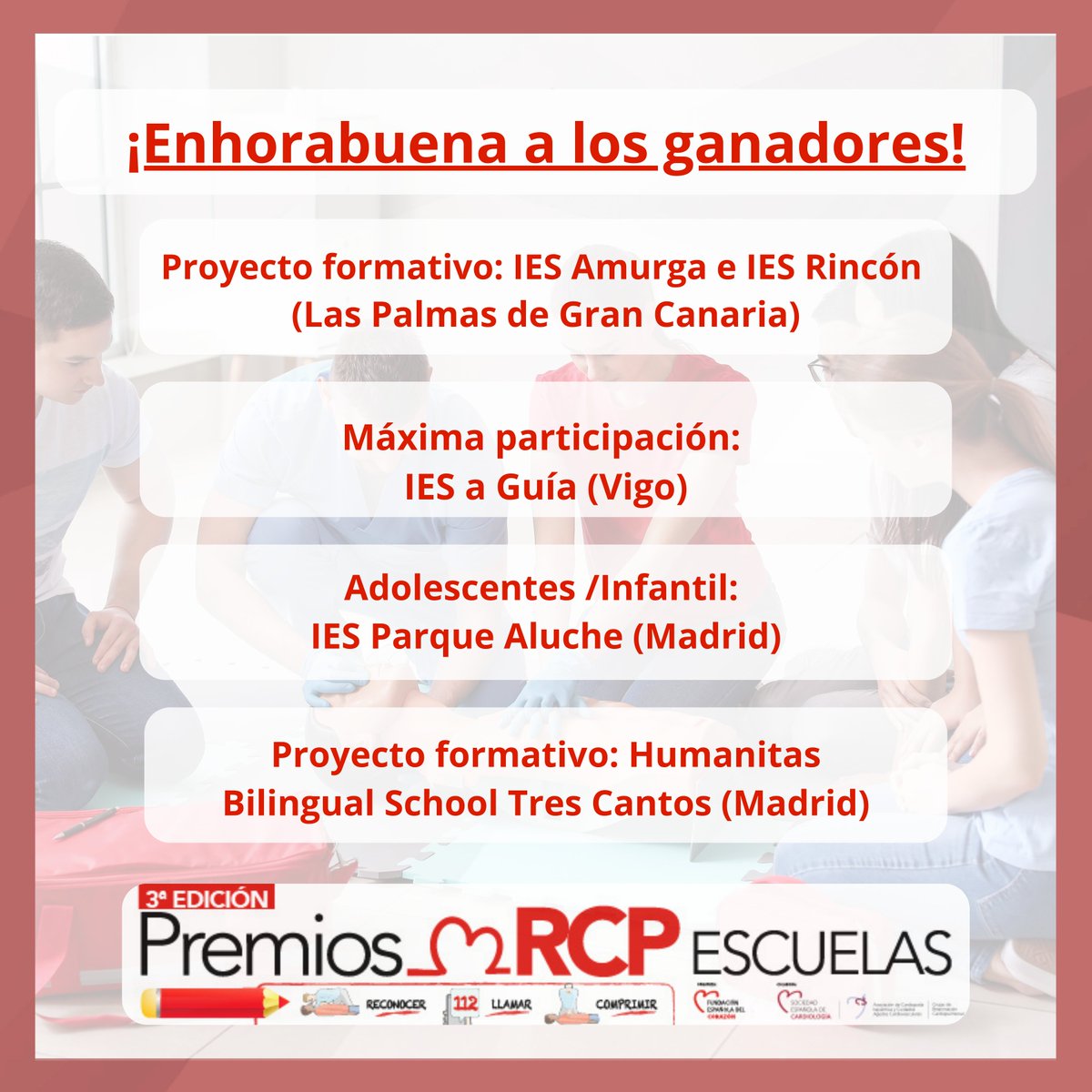 cuidarcorazon's tweet image. ✨¡GRACIAS a todos los coles por participar en #RCPEscuelas! Enseñar RCP es VITAL.

Enhorabuena:
🏆Participación: IES A Guía
💡Originalidad: IES Amurga y IES El Rincón
📚Proyecto: Humanitas Bilingual School Tres Cantos
👦Adolescentes: IES Parque Aluche
👉 youtu.be/y-ngHoFFAQQ