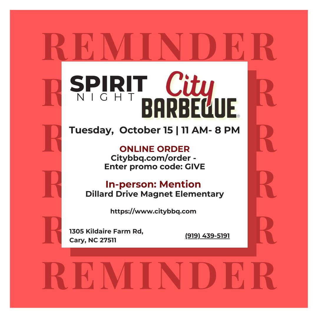 🔥 Spirit Night at City BBQ TODAY!🔥
Join us on October 15 at City BBQ to enjoy some delicious food and support @dillardMagnetES! 🍗🍴

Don’t forget to mention Dillard Magnet when you order! 🐉💙

#SpiritNight #SupportOurSchool #CityBBQ