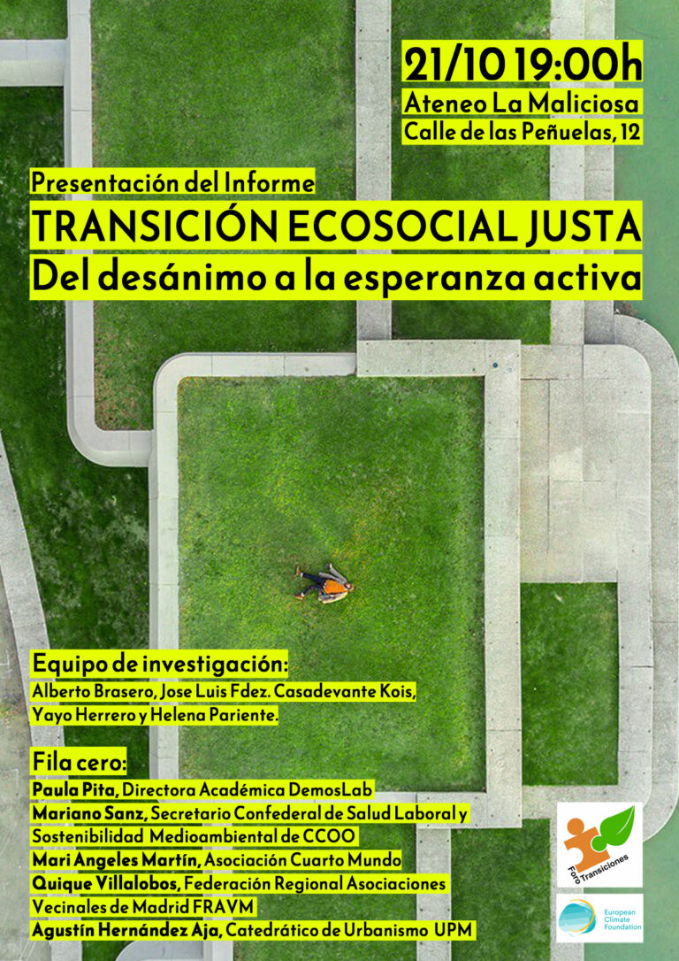¿Hay condiciones para la generación de alianzas sociales para una transición ecosocial justa? 
No te pierdas la presentación de este informe de <a href="/FTransiciones/">Foro Transiciones</a> 
Consultar en la web del Foro Transiciones para el enlace del streaming