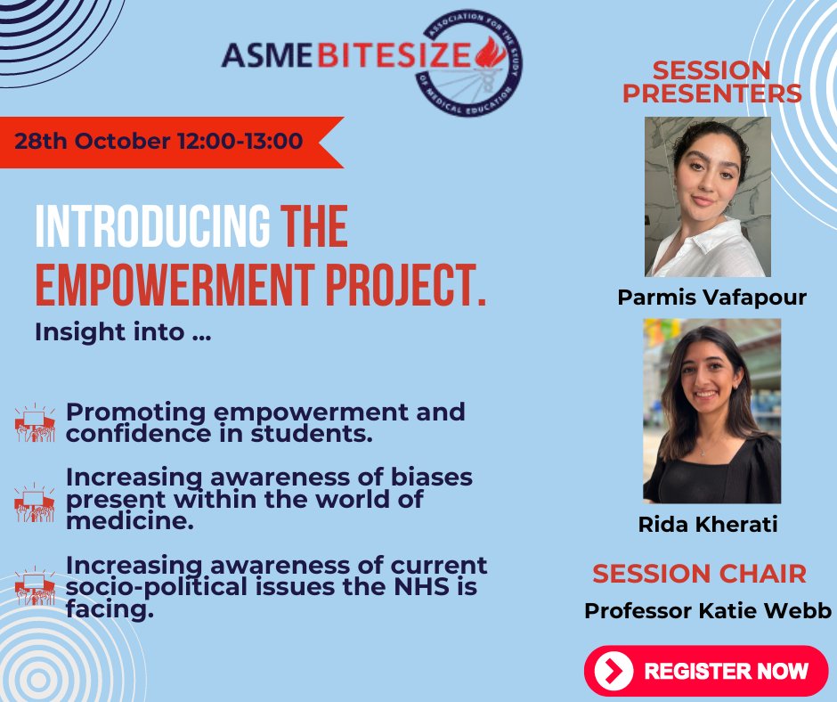 📣REMINDER 📣 
ASME Bitesize event: Introducing the Empowerment Project😆
28th October
⏰12:00-13:00pm (London Time)
📍Virtual event 
Register here: bit.ly/3ZNzfob
#ASMEBitesize
#MedEd