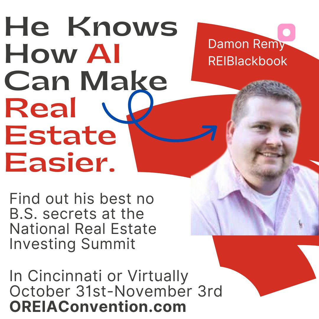 If you aren't using AI in your real estate business, you're working too hard. On Sunday November 3rd at the Summit, Damon Remy will share his best tips for easier deal finding, evaluation, and more with AI. Do you have your tickets? OREIAConvention.com