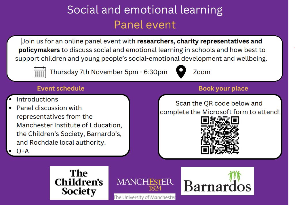 Join the online panel event on Social Emotional Learning in schools! Hear from experts &amp; policymakers as we discuss how to best support children's emotional development &amp; wellbeing. Register now using the QR code!