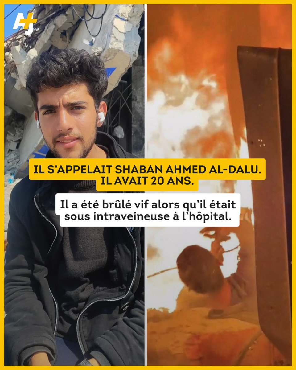 ajplusfrancais's tweet photo. Il rêvait de devenir ingénieur et d’aider sa famille.

Les images de Shaban al-Dalu, piégé par les flammes avec le bras sous intraveineuse, ont fait le tour du monde. Souffrant d’une hépatite, selon l’agence de presse Wafa, il est mort dans sa tente avec sa mère Alaa lors d’un raid israélien sur la cour de l'hôpital des Martyrs d'Al-Aqsa, qui a tué au moins quatre personnes dans la nuit du 13 au 14 octobre.

Une semaine auparavant, Shaban avait survécu à une frappe israélienne sur une mosquée, qui avait tué 20 personnes. “Il a quitté la mosquée en étant blessé. Il avait dix points de suture derrière son oreille. Mais Dieu merci, il était vivant et avait commencé à dormir dans notre tente”, a raconté son frère à Middle East Eye.

Shaban al-Dalu suivait des études pour devenir ingénieur logiciel et avait mémorisé le Coran. “Sans cette miséricorde et cette foi, notre esprit serait devenu fou”, a posté le jeune homme il y a deux jours sur son compte Instagram.

Le complexe hospitalier d'Al-Aqsa abritait des tentes dans lesquelles vivaient de nombreux civils déplacés. En plus des quatre personnes tuées, 70 ont été blessées : c'est la septième fois que cet hôpital est attaqué par l’armée israélienne, qui a confirmé l’assaut et affirmé, sans avancer de preuves, que l’établissement abritait “un centre de commandement du Hamas”.