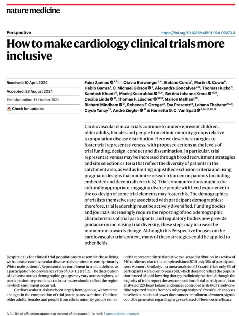 Otavio Berwanger (@otavioberwanger) on Twitter photo Our paper just published in Nature Medicine. <a href="/NatureMedicine/">Nature Medicine</a>
How to Make Cardiology Trials More Inclusive?
nature.com/articles/s4159…
Great collaborative effort led by <a href="/hvanspall/">Harriette Van Spall, MD MPH 🇨🇦</a> and <a href="/FaiezZANNAD/">Faiez ZANNAD</a>
<a href="/CMichaelGibson/">C. Michael Gibson MD</a> <a href="/NMHheartdoc/">Clyde Yancy, MD, MSc</a> <a href="/kamleshkhunti/">Prof Kamlesh Khunti</a> <a href="/TomLuscher/">CardioTomLuscher</a> and many others Our paper just published in Nature Medicine. <a href="/NatureMedicine/">Nature Medicine</a>
How to Make Cardiology Trials More Inclusive?
nature.com/articles/s4159…
Great collaborative effort led by <a href="/hvanspall/">Harriette Van Spall, MD MPH 🇨🇦</a> and <a href="/FaiezZANNAD/">Faiez ZANNAD</a>
<a href="/CMichaelGibson/">C. Michael Gibson MD</a> <a href="/NMHheartdoc/">Clyde Yancy, MD, MSc</a> <a href="/kamleshkhunti/">Prof Kamlesh Khunti</a> <a href="/TomLuscher/">CardioTomLuscher</a> and many others
