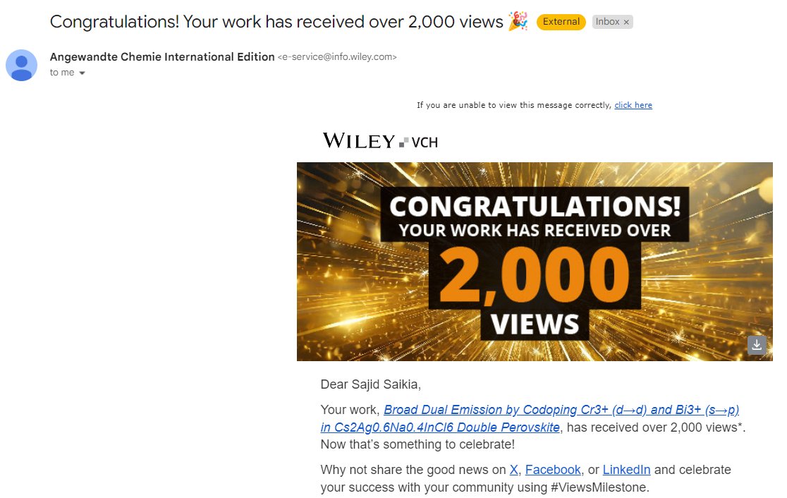 sajid_saikia's tweet image. Happy to received this email from Wiley. 
My work has received over 2,000 views since publication (July 2023) ! Read it here  

onlinelibrary.wiley.com/doi/10.1002/an…
 
#ViewsMilestone 

@animesh_chem  
@AngshumanNag4 
@angew_chem