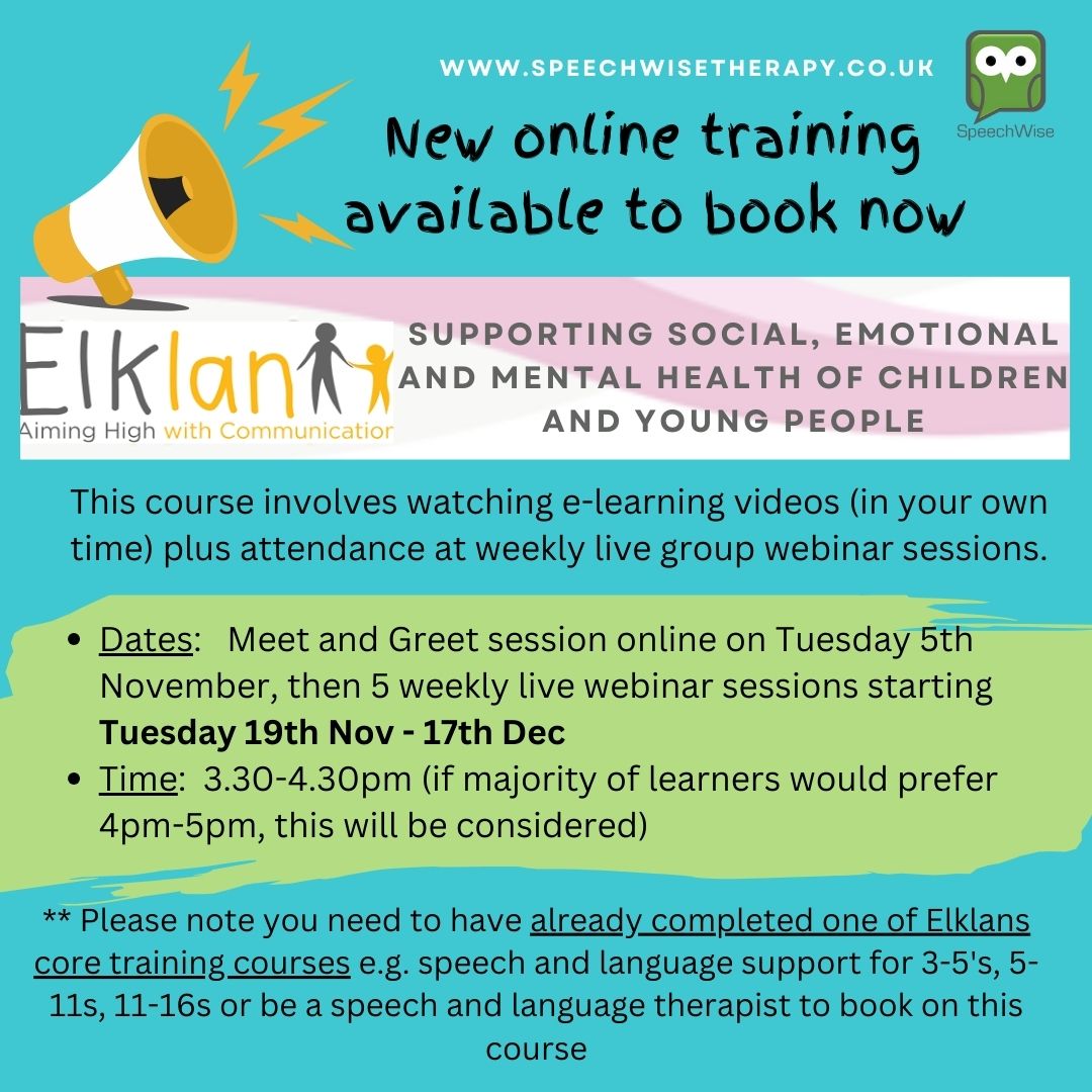 speech_wise's tweet image. We're excited to be offering this online @ElklanTraining after half term. You will need to have completed a core ELKLAN course to attend. It is packed with practical language &amp;amp; communication strategies to support children with #SEMH