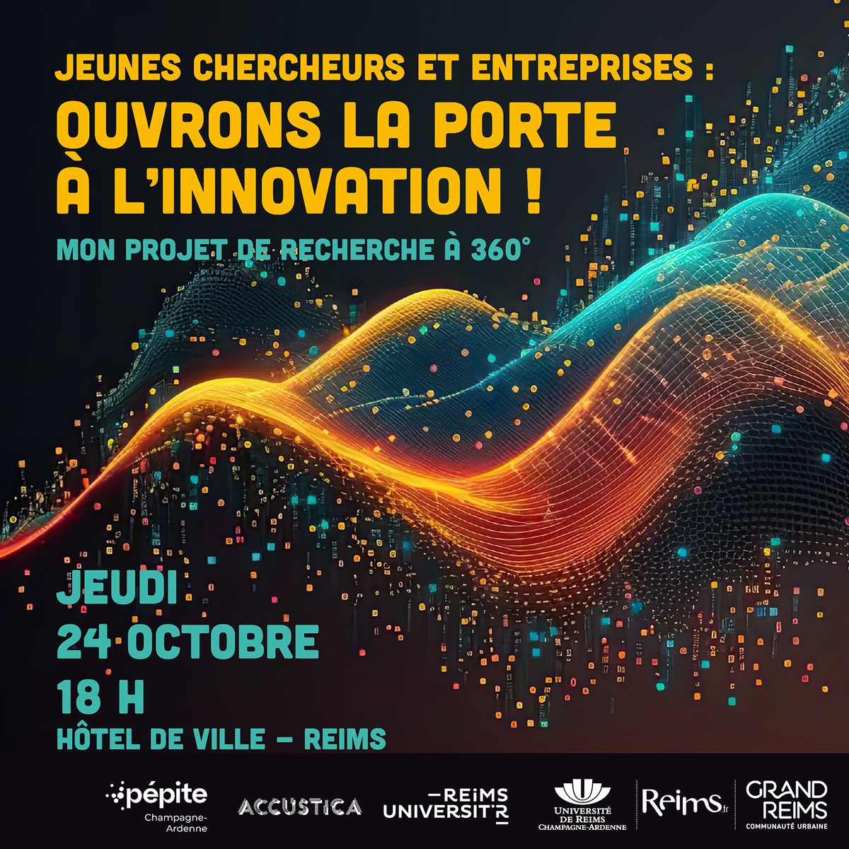 #ReimsVisionR Mon projet de recherche à 360°🚀
Jeunes chercheurs et #entreprises : ouvrons la porte à l’#innovation !
📆RDV le 24.10 à l'Hôtel de <a href="/VilledeReims/">Ville de Reims</a> pour une table ronde et la présentation des sujets de #recherche de 3 doctorants du territoire.
grandreims.fr/a-la-une/une/m…
