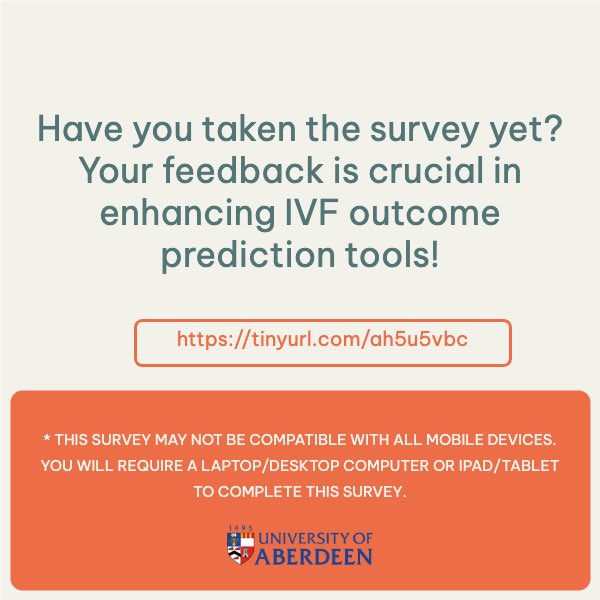 The Fertility Alliance (@thefertalliance) on Twitter photo Researchers at ā¦<a href="/aberdeenuni/">University of Aberdeen</a>ā© are looking for people whoāve had fertility treatment to give their feedback on IVF prediction tools by taking a 15 minute survey - details below Researchers at ā¦<a href="/aberdeenuni/">University of Aberdeen</a>ā© are looking for people whoāve had fertility treatment to give their feedback on IVF prediction tools by taking a 15 minute survey - details below