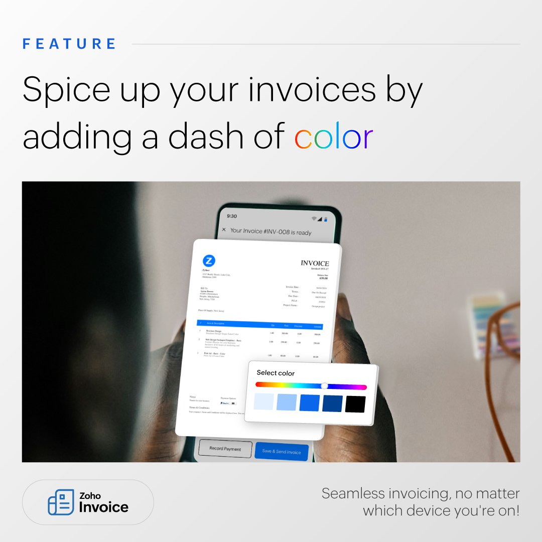 You can now make your invoices pop with colors right from your phone. Send invoices easily by choosing a color theme that matches your brand. Try it now by signing into Zoho Invoice using your Android or iOS device zoho.to/g3w

#Invoicing #SmallBusiness #ZohoInvoice