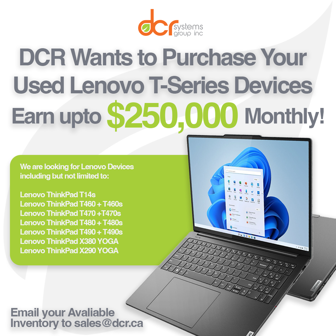 DCRSystemsGroup's tweet image. Looking to get rid of inventory? Want to make money off your old devices? DCR wants to buy up to $250,000 of your used Lenovo T-Series Devices monthly! Grow your business with your used Class A Lenovos.