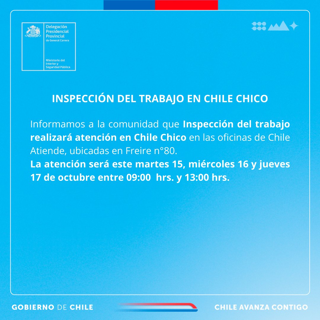 Informamos que durante esta semana la Inspección del Trabajo realizará atención presencial en Chile Chico.
Conoce en esta imagen los horarios.