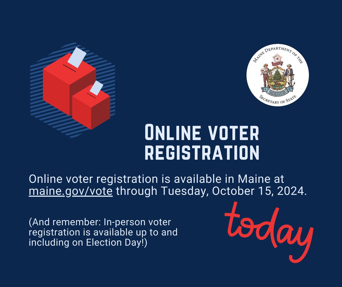 Planning to register to vote at maine.gov/vote? Do it today! The last day the online tool will be available before the 11/5 General Election is TODAY, Tuesday, 10/15. And remember, same day voter registration is available up to and including on Election Day! #mepolitics
