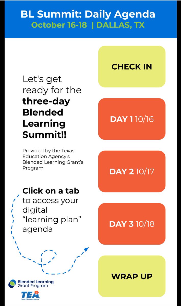 One day left before we bring back the TEA-Blended Learning Grant Summit again!! 
3-days of Texas teachers/leaders learning from each other in BL/PL practices 🎉
#BLSummit24
Almost 700 minutes of sessions from districts/organizations across Texas👏🏼

drive.google.com/file/d/1W9Egh5…