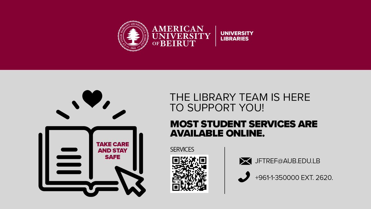 AUBLibraries's tweet photo. 💬 Need help? Email us: jftref@aub.edu.lb
📞 Call us: +961-1-350000 ext. 2620
🔗 Fill out the Ask a Librarian form: https://t.co/bQux4FhseQ
📅 Schedule a research appointment with a specialized librarian: https://t.co/1TNOprZcfy
Take care and stay safe!
@AUB_Lebanon @aubleb_osa https://t.co/0oGqVdQPPt