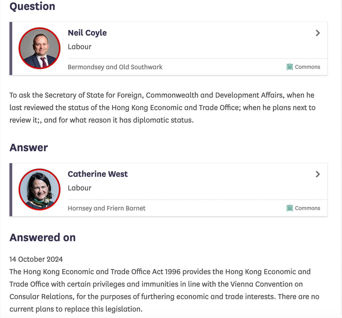 hkdc_us's tweet photo. .@CatherineWest1's responded to @coyleneil's questions: UK gov't has no plans to replace HKETO law despite ongoing espionage trial, &amp; #HongKong's part of the new gov't's #ChinaAudit (but it's unclear if CCP #TransnationalRepression of HKers in the UK is).
https://t.co/VkrSIXoxYj https://t.co/Cmg4HGFXxE