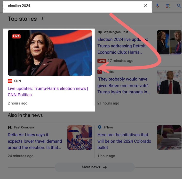 SEO Case Study: CNN dominates searches for the '24 Election, one of the most competitive spaces in SEO right now. Here's a breakdown of how they do it:

In the middle of an election cycle, publishers are all pushing extremely aggressive strategies in order to maximize their