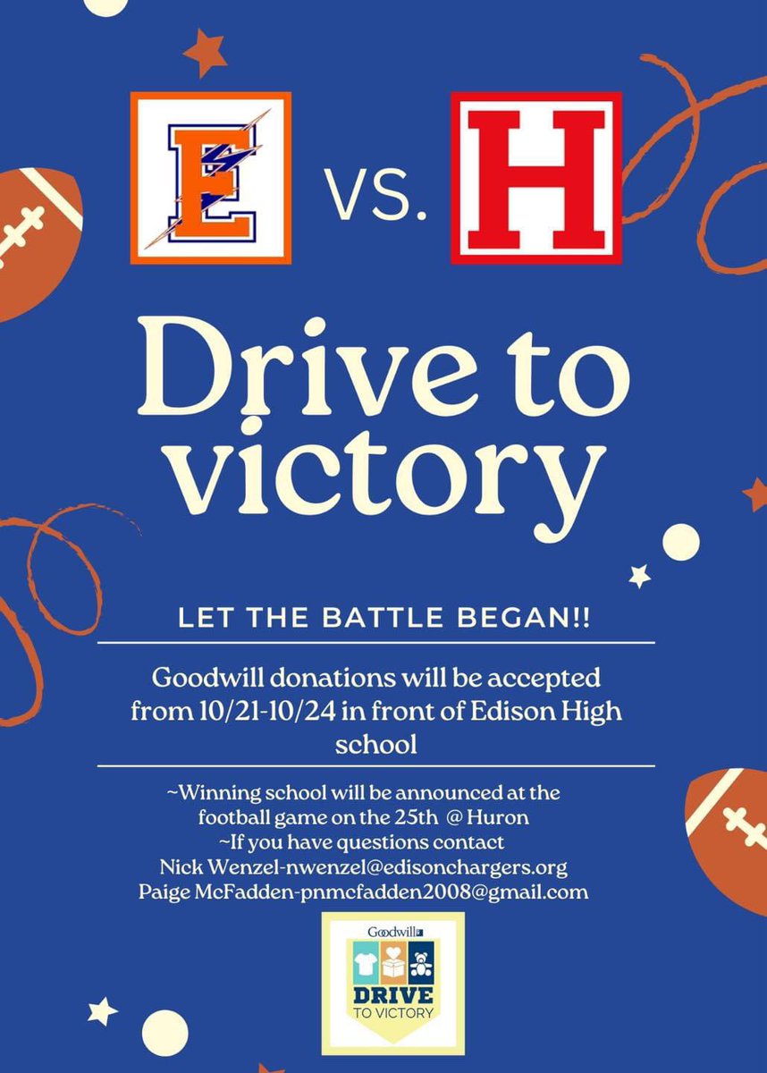 EdisonTLC's tweet image. 🚨 The Goodwill Drive for Victory is BACK, Chargers! 🚨
Here’s the deal: The school with the MOST pounds of donations wins a $500 scholarship for one of our seniors! 💰🎓
Let’s bring it, Edison! #GoodwillDrive #DonateAndDominate #BeatHuron