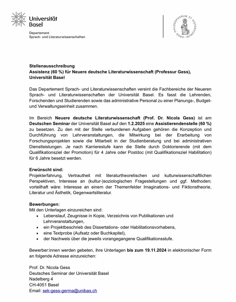 Meine Assistenzstelle bei Nicola Gess am Deutschen Seminar der Uni Basel ist ab Februar neu zu besetzen (Doc oder PostDoc). Es ist eine tolle Stelle, die ich nur empfehlen kann: 

avldigital.de/vernetzen/deta…