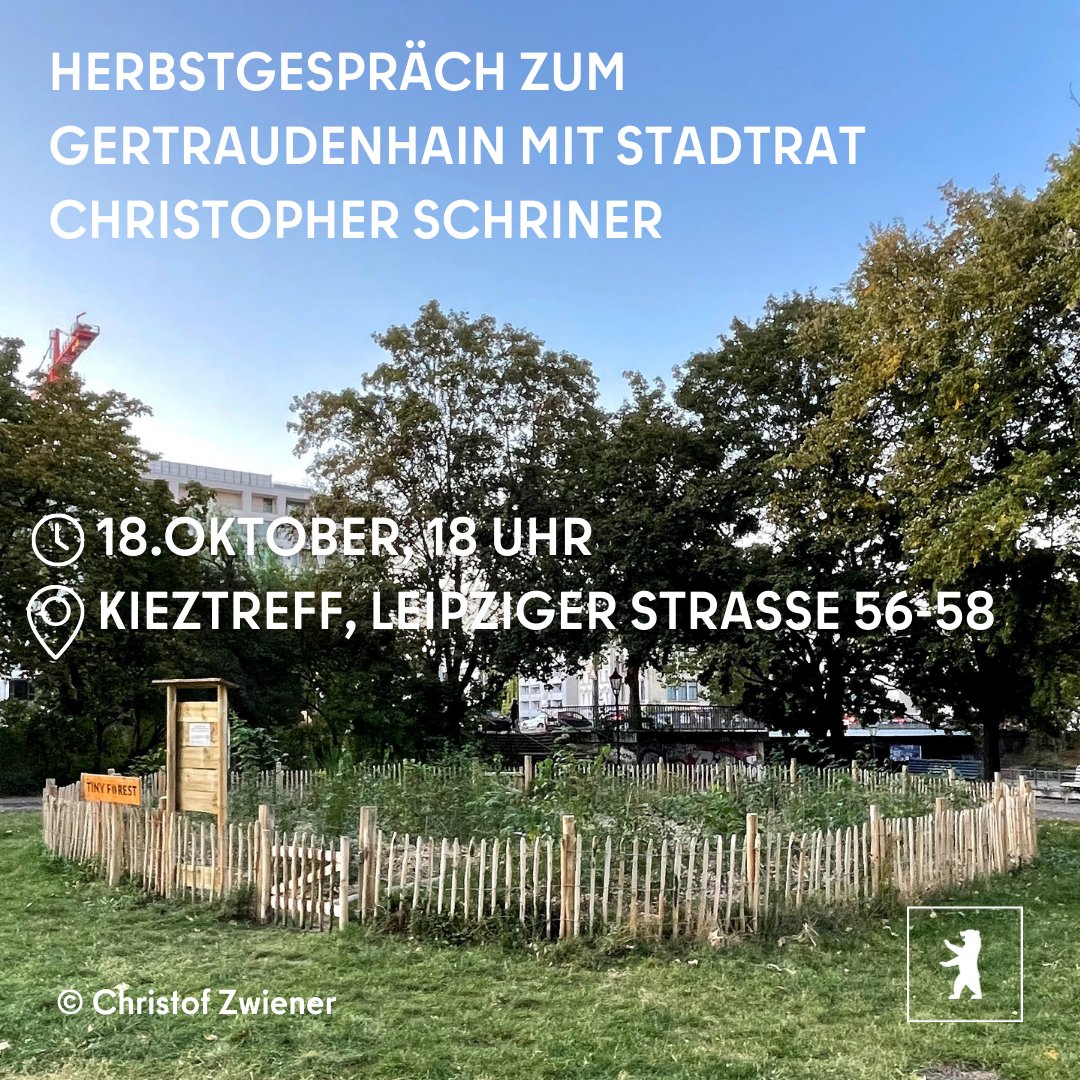 Bezirksamt Mitte (@ba_mitte_berlin) on Twitter photo Seit dem Frühjahr sorgt der Tiny Forest "Gertraudenhain" an der Leipziger Straße für Furore.🌳 Der Initiator Christof Zwiener spricht am 18. Oktober mit Mittes Bezirksstadtrat <a href="/cschriner/">Christopher Schriner</a>, wie Kunst die Stadt klimagerecht und lebenswert machen kann. ➡️ t1p.de/57v9z Seit dem Frühjahr sorgt der Tiny Forest "Gertraudenhain" an der Leipziger Straße für Furore.🌳 Der Initiator Christof Zwiener spricht am 18. Oktober mit Mittes Bezirksstadtrat <a href="/cschriner/">Christopher Schriner</a>, wie Kunst die Stadt klimagerecht und lebenswert machen kann. ➡️ t1p.de/57v9z