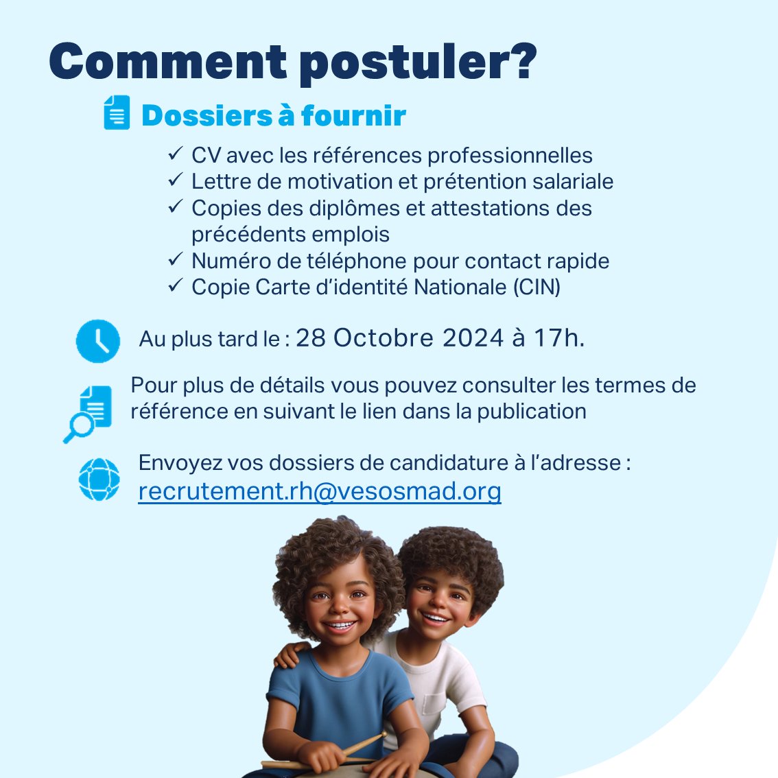 🚀 Rejoignez notre équipe en tant que Consultant(e) en Programmation, Planification et Suivi-Évaluation ! 🚀
📩 Envoyez votre candidature à recrutement.rh@vesosmad.org
👉 Pour plus de détails, consultez les termes de référence :soscv-my.sharepoint.com/:b:/g/personal…