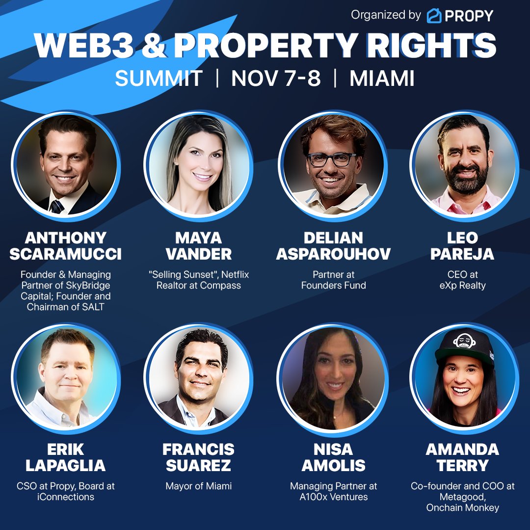 PropyInc's tweet photo. In just over 3 weeks, over 40 industry leaders will hit Propy’s stage at the Web3 and Property Rights Summit Miami! Our second round of speakers includes Antony Scaramucci (@Scaramucci), Maya Vander, @FrancisSuarez, @leopareja (@eXpRealty), @ErikLaPaglia, @AmoilsNisa (@a100x_invest), @amandaterry (@HeightZeroTDAMP), @zebulgar (@VardaSpace).
This is an exclusive invite-only event that will bring together visionaries, innovators, and leaders at the forefront of Web3 and property rights. Don't miss your chance to be a part of this transformative gathering.
Join the waitlist: https://t.co/zrcuk5im3e