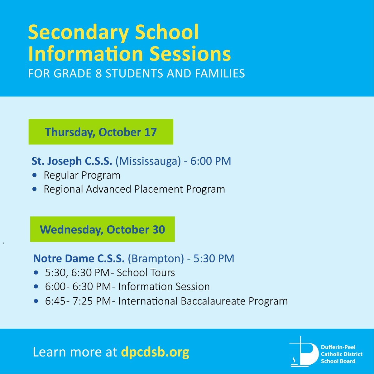 Our secondary schools are hosting information sessions for prospective students &amp; families interested in enrolling for the 2025-26 school year.

Information sessions this month:
➡ St. Joseph C.S.S.
 Oct. 17 at 6 PM
➡ Notre Dame C.S.S.
Oct. 30 at 5:30 PM

dpcdsb.info/SecondarySchoo…